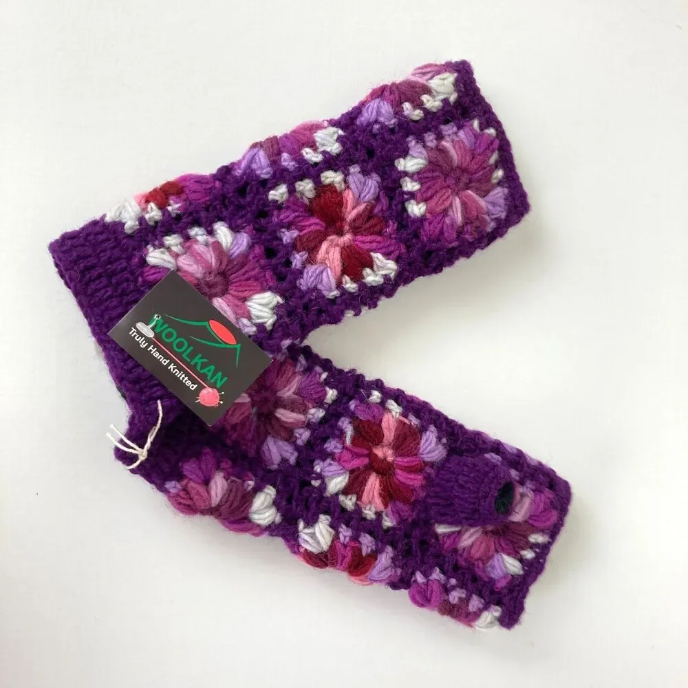 Woolkan Hand Knitted Open Finger Gloves Size S-M Purple Soft Lining